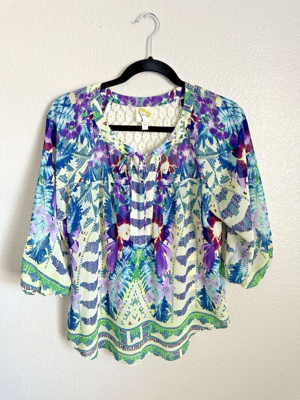 Fig & Flower Blouse Women's Size Petite Large Boho Abstract Print Floral Lace
